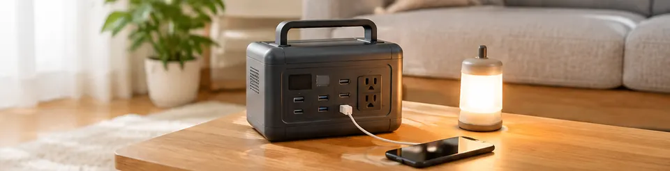 明るいリビングのテーブルに置かれたポータブル電源から、ランタンとスマートフォンを充電している様子
