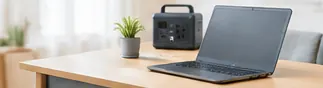 観葉植物とノートパソコンが置かれた机の上のポータブル電源