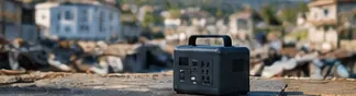 被災した街並みを背景に、屋外に置かれたポータブル電源