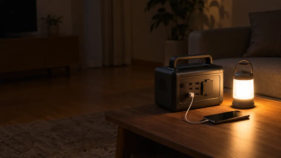 停電時の室内で、ポータブル電源とランタンの明かりのもとスマートフォンを充電している様子