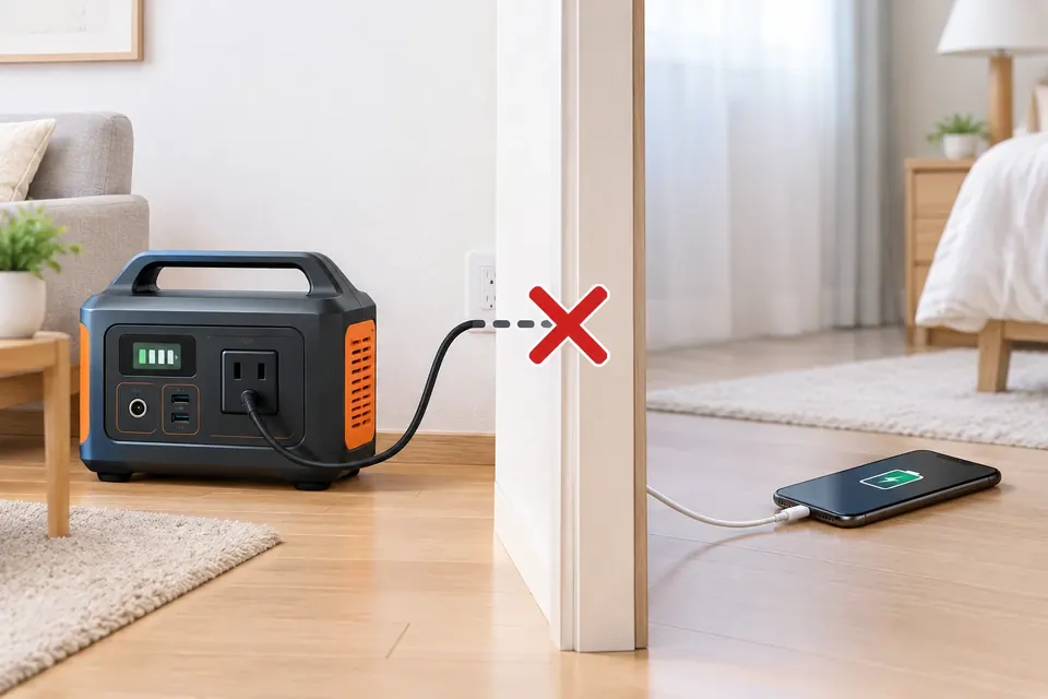 居間に置いたポータブル電源から、壁の向こうの寝室に置いたスマホまで、コードが届かず×印が付いている様子